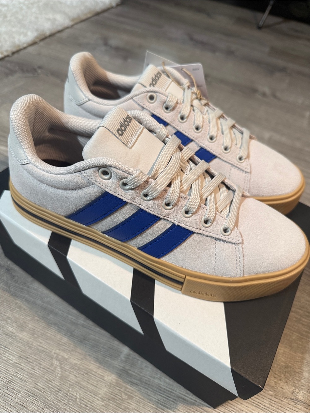 adidas Daily 4.0 Unisex Cream Suede Sneakers with Blue Stripes and Gum Sole